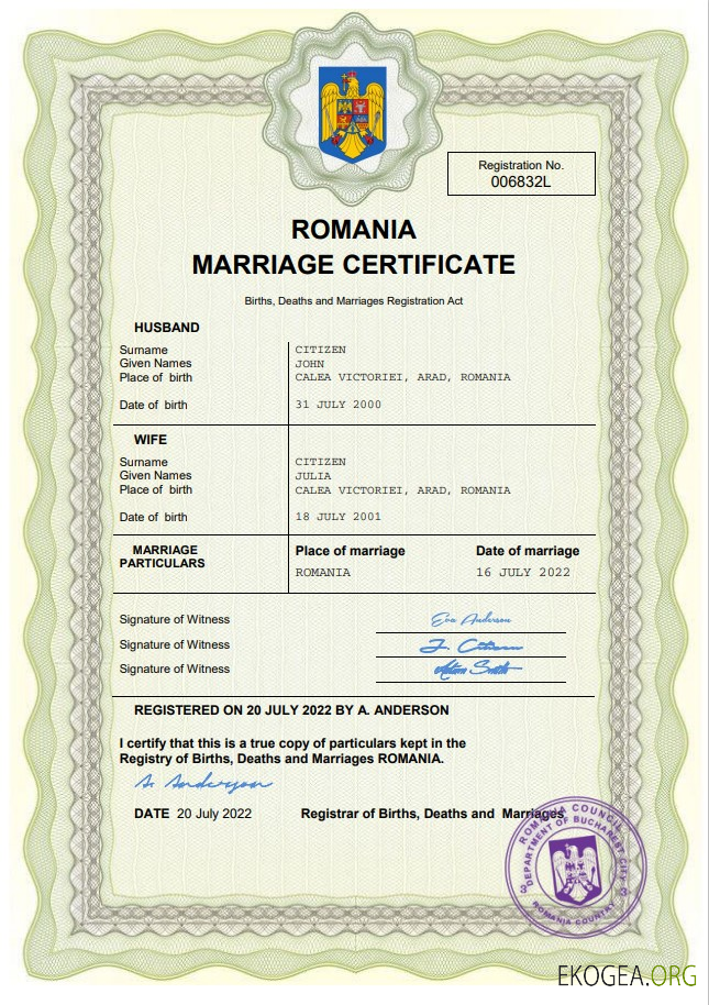 Modèle Word et PDF d'acte de mariage en Roumanie